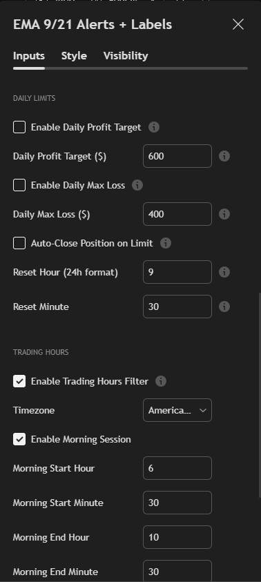 EMA Strategy Trading Hours Settings