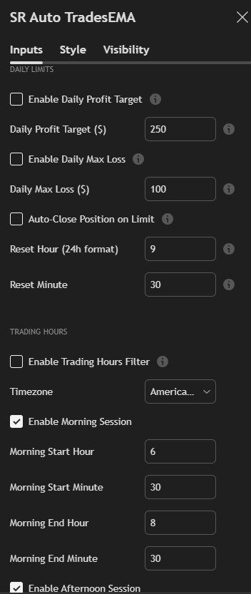 SR Strategy Trading Hours Settings