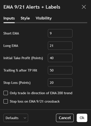 EMA 9/21 Strategy Settings